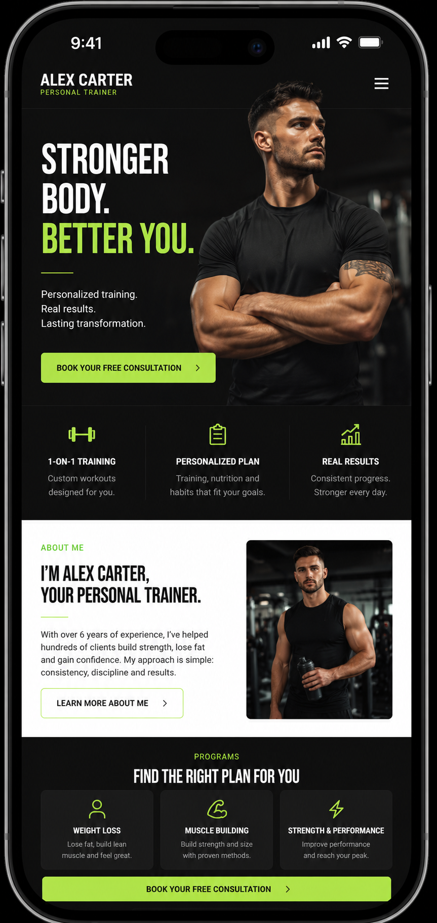 FitLaunch live example — personal trainer landing page